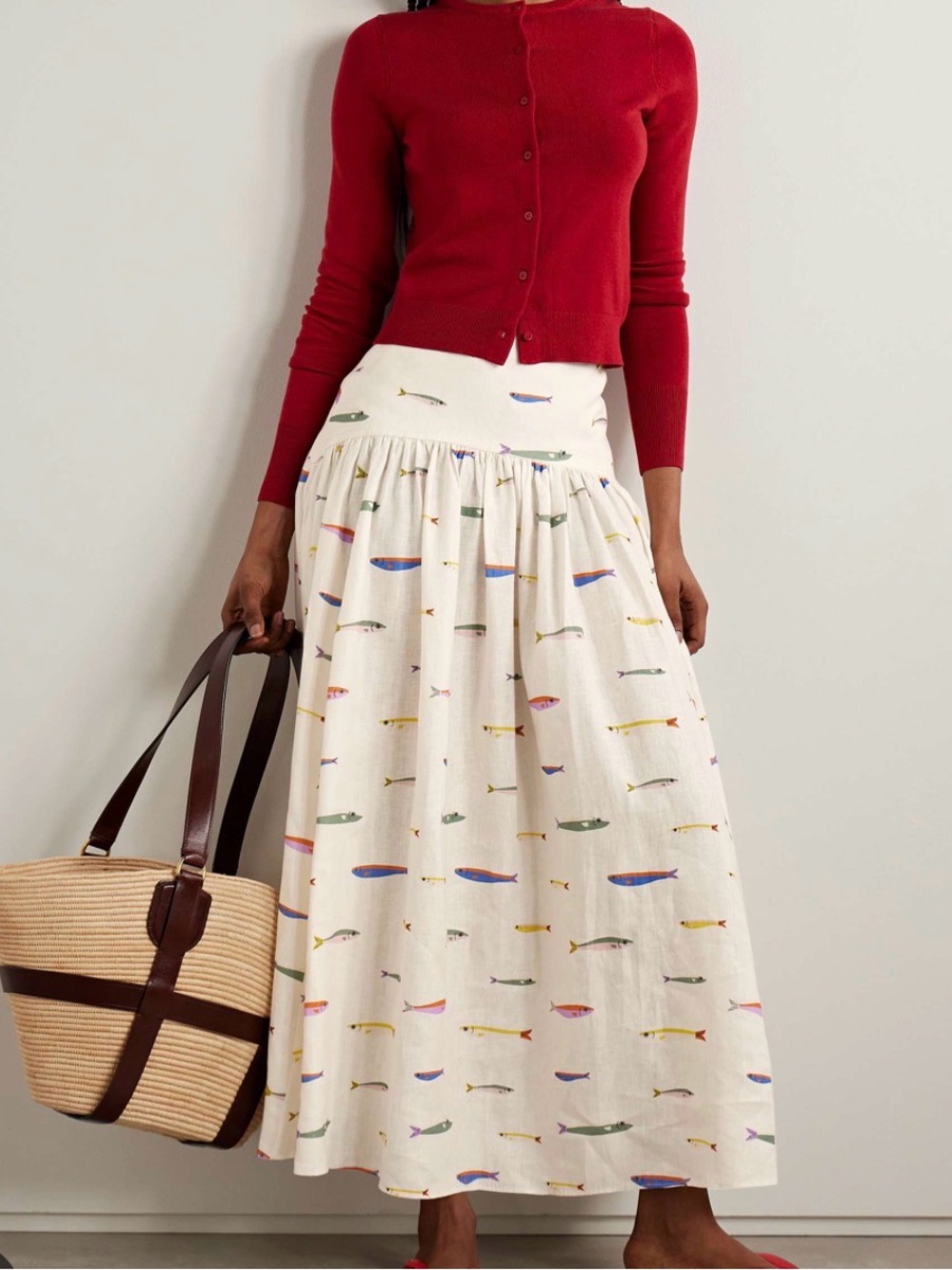 STAUD Cream Maxi Skirt with Multicolor Fish Motif